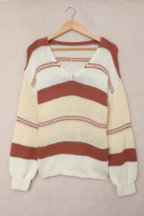 V-Neck Knitted Lantern Sleeve Pullover Sweater